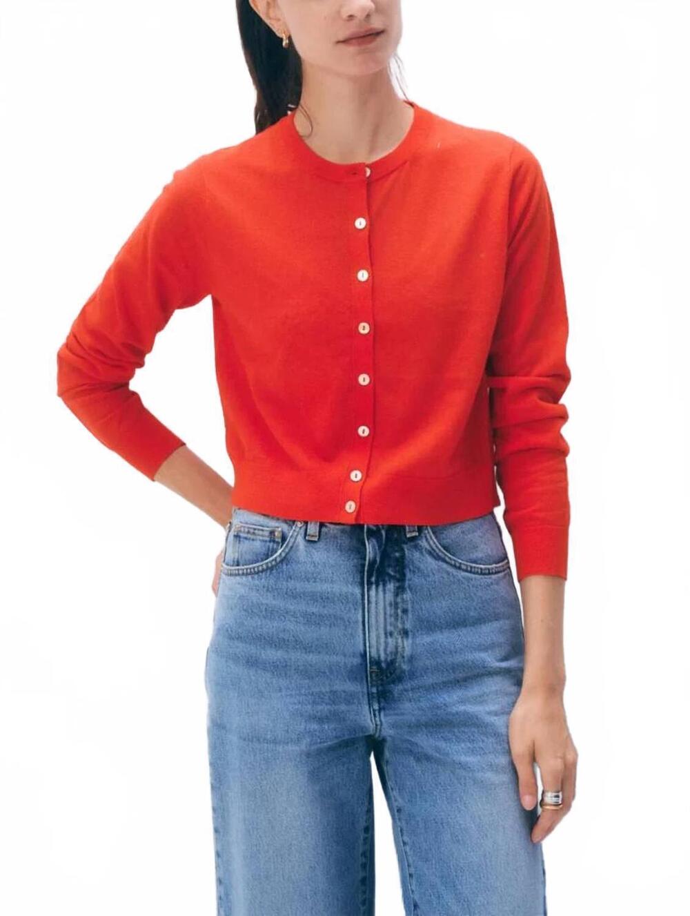 NEW WHITE + WARREN linen blend cardigan in poppy rogue